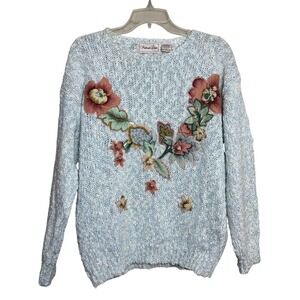 Vintage Penbrooke Lane Floral Granny Pearl Cottage‎ Beaded Knit Sweater Large L